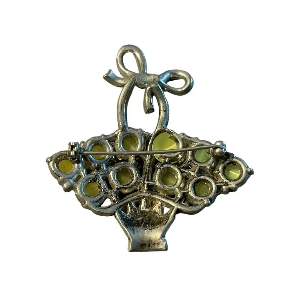 CORO Unsigned Yellow Moonstone Lucite Basket‎ Brooch Rhinestones Vintage READ